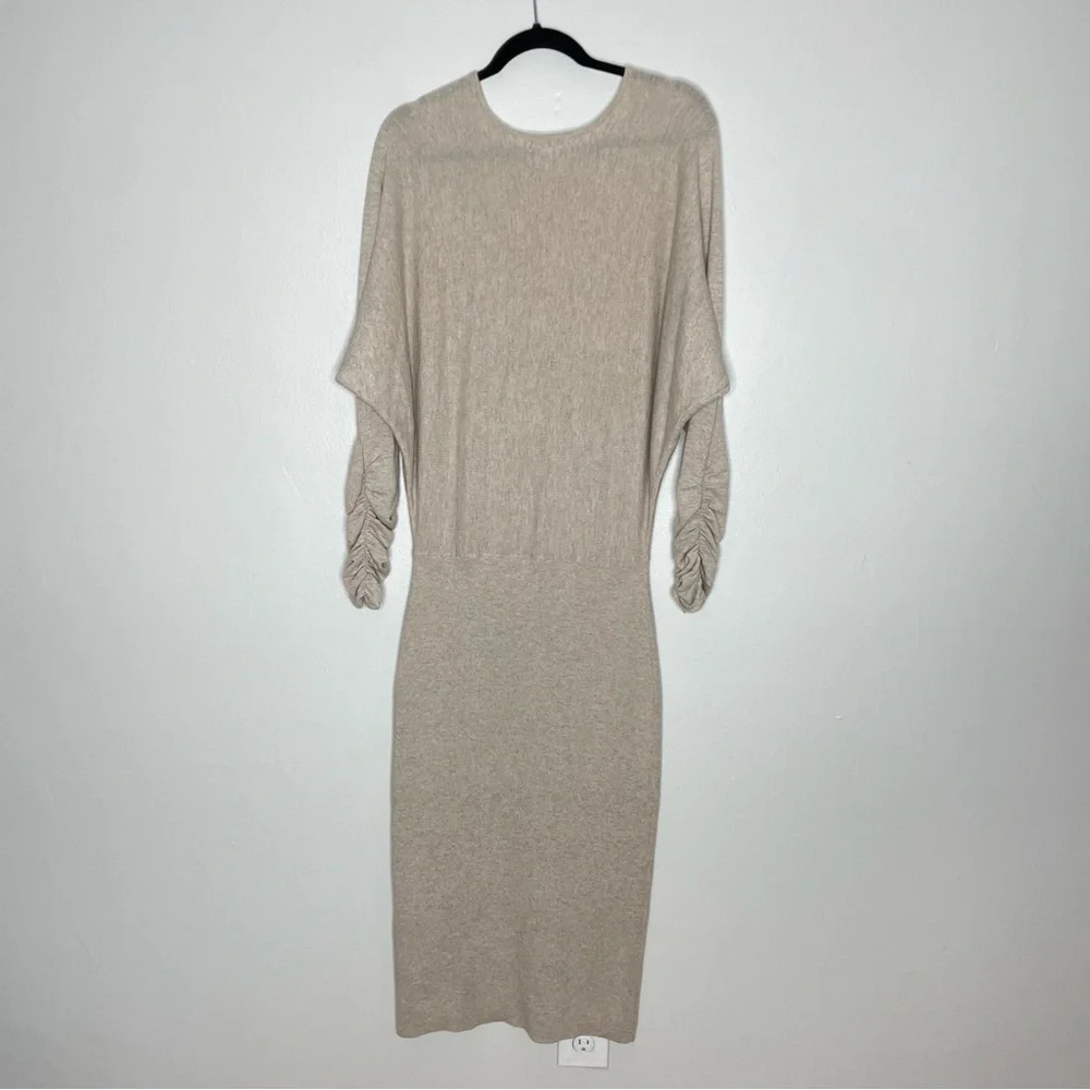 Reiss Leila Neutral Wool Blend Ruched Sleeve Dolman Midi Sweater Dress Size L - Picture 10 of 10
